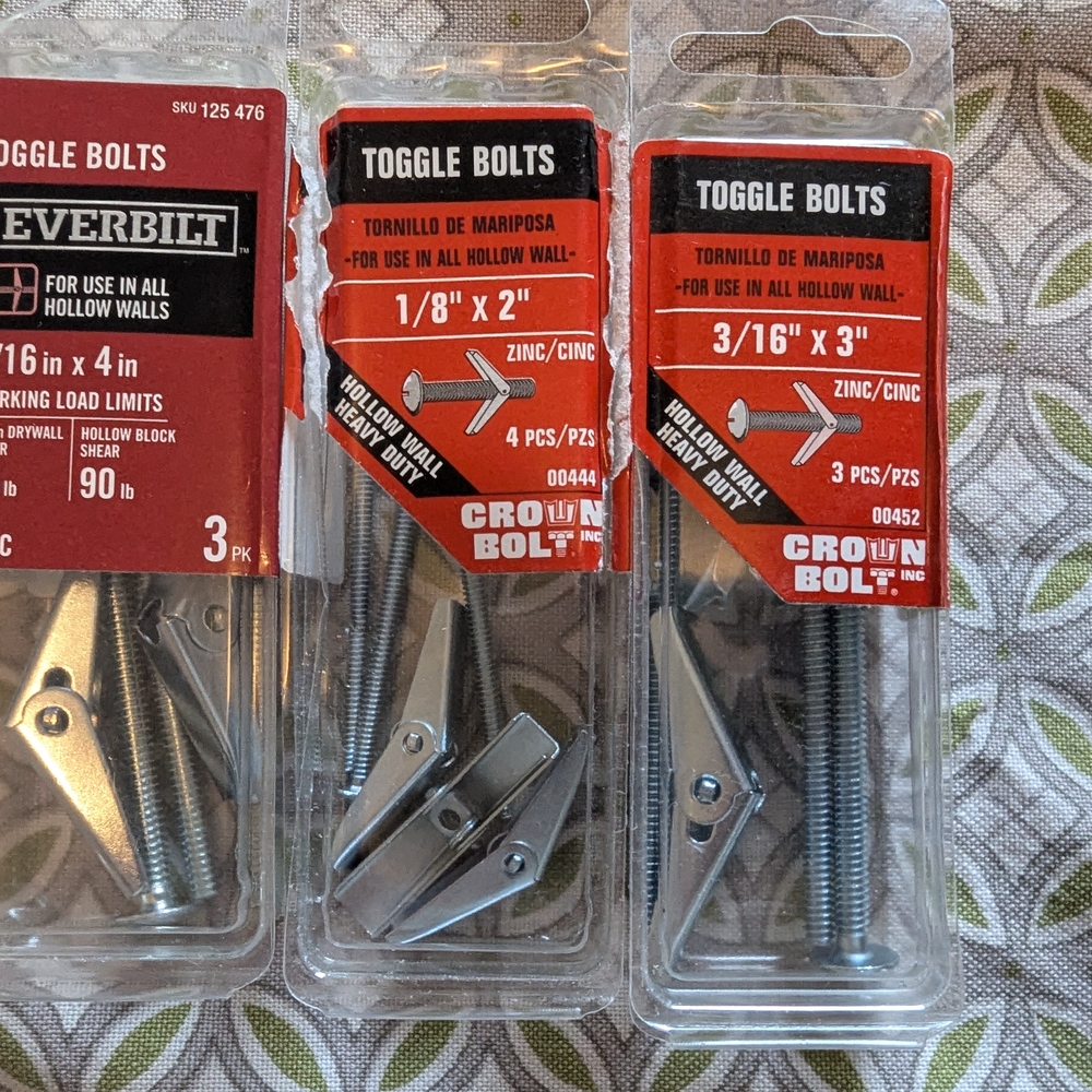 3 Packages Of Crown Bolt Toggle Bolts Set. 1/8" X 2" & 3/16"X 4" & 3/16 X 3"